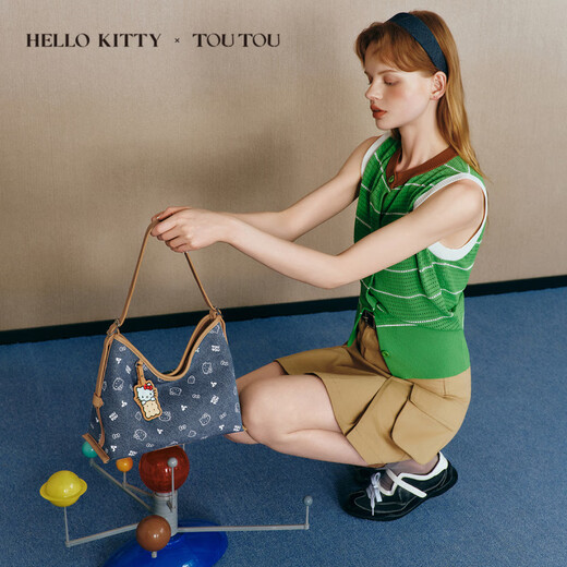 toutou牛仔托特包女大容量哈喽kt斜挎包生日礼物 牛仔蓝-hobo托特包