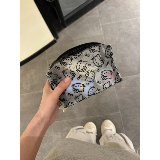 Simple and cute black mesh kitty cosmetic bag, portable large-capacity storage bag, hand-held makeup bag, stain-resistant, black flocked mesh kitty bag + small bones