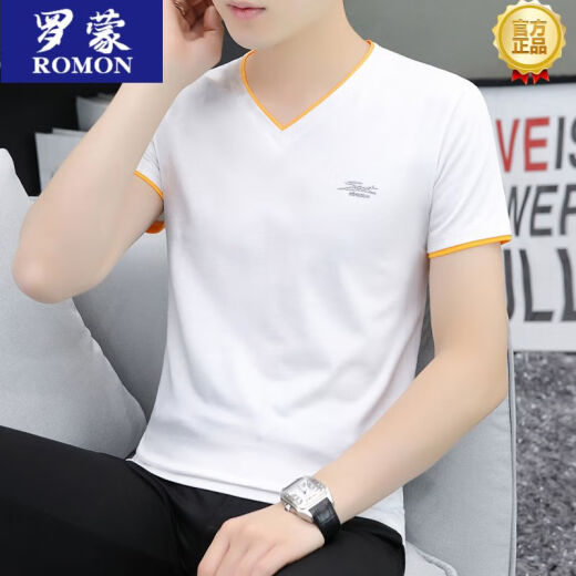 罗蒙（ROMON）男士男装2025新款领青年短袖t恤薄款韩版休闲半袖上衣t恤衫打底衫 白色 691 M 90-100斤