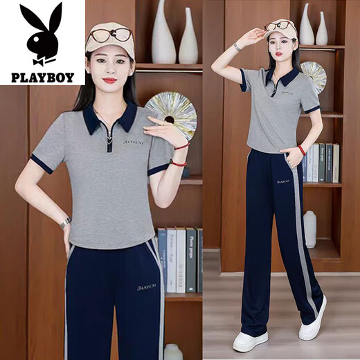 花花公子（PLAYBOY）休闲运动套装女夏季2025新款女士洋气减龄短袖阔腿裤跑步服两件套 黑色【两件套】-旗舰款 M 【建议95斤以内】
