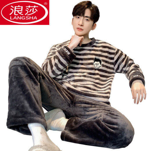 LangSha Coral Velvet Pajamas for men autumn and winter style plus velvet thickened warm set flannel men autumn home clothes K3892 L