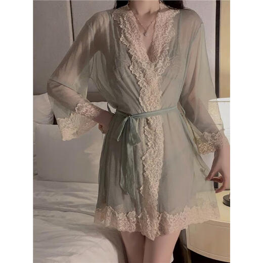 Sexy Pyjama Frauen Spitze Hosenträger Mesh Nachthemd Sommer Hausanzug Morgen Kleid Großgröße 3883 Grün (Nachtskirt + T-Trouser) M.