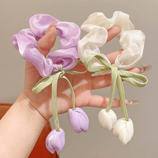 Garenbei's new spring-flavored shimmering tulip bow large intestine hair tie for girls, sweet and western style flower tassel hair tie, one pink + purple tulip hair tie