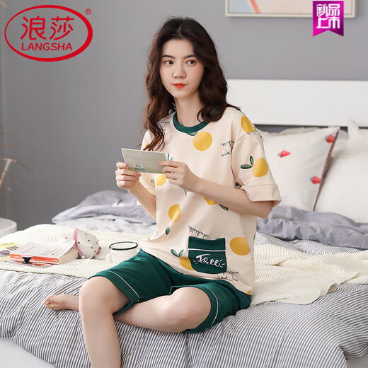 
LangSha pajamas (LangSha) women's summer pure cotton short-sleeved cropped pants full cotton dots can be worn outside for women's home clothes 9856 [pure cotton] M Recommended 80-100Jin [Jin equals 0.5 kg]