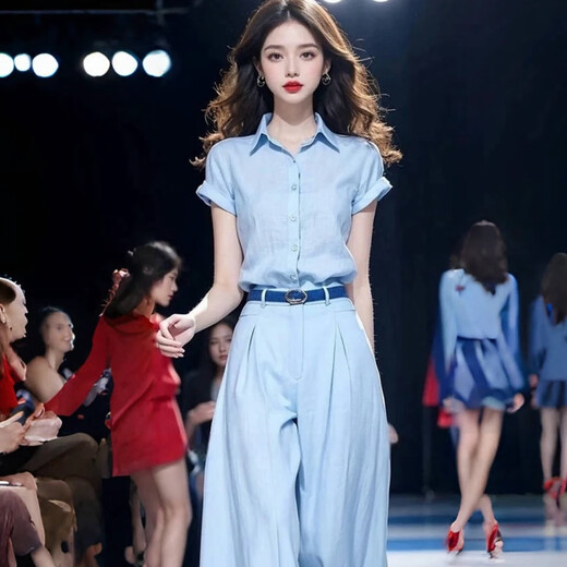 欧迪惠（Oudihui）时尚气质套装女2025夏季休闲裤女装新款短袖衬衫高腰阔腿裤两件套 灰色套装 L