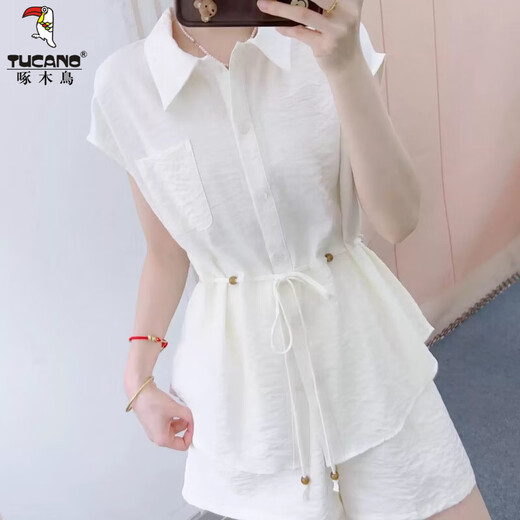 
Woodpecker Fashion Set Women's 2025 Summer Fashion Casual Korean Style Shirt Shorts Two-Piece Pants Set Sky Blue Two-Piece 2XL Recommended 121-135Jin [Jin equals 0.5 kg]