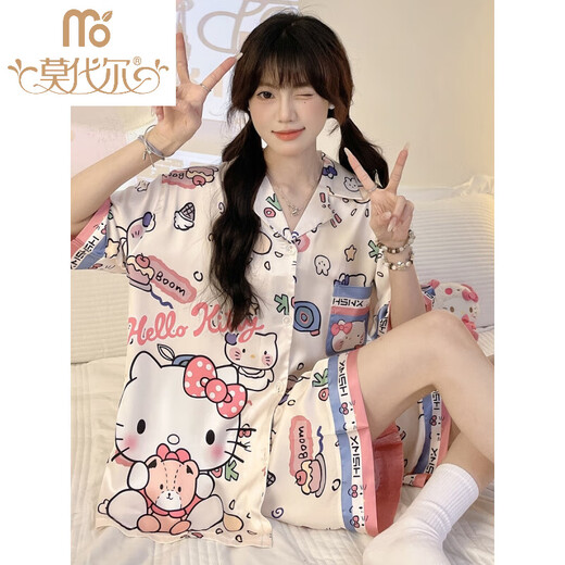 Modal pajamas for women in summer imitation silk. Thick and thin style for students cute sweet cartoon ice silk short-sleeved home clothes summer suit #YX-9214 2XL [131-145]Jin[Jin equals 0.5 kg]