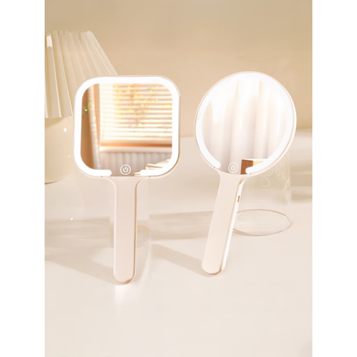 Japan's new LED handheld makeup mirror, portable student dormitory makeup mirror with light, home desktop beauty mirror, square shape - simple white high-definition 4K mirror + smart touch + three-color light
