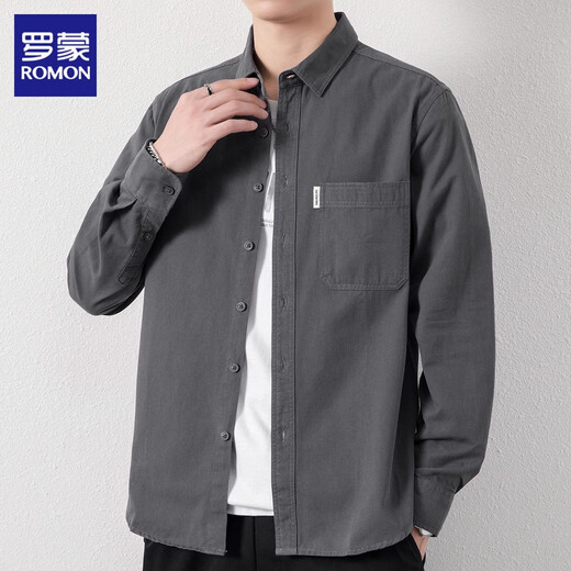 ROMON long-sleeved shirt men's pure cotton no-iron inch shirt 2026 spring and autumn comfortable and trendy casual shirt jacket for men bean green 2XL recommended 141-160Jin Jin equals 0.5 kg