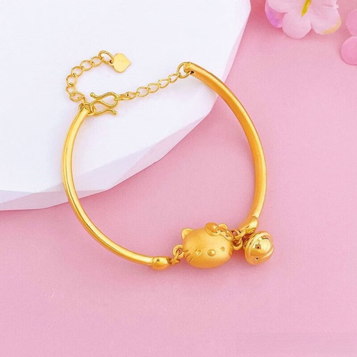 Yage Gold Hello Kitty Bracelet 999 Gold KT Cat Bell Bracelet Adjustable Half Bracelet for Girlfriend KT Cat 5.16g
