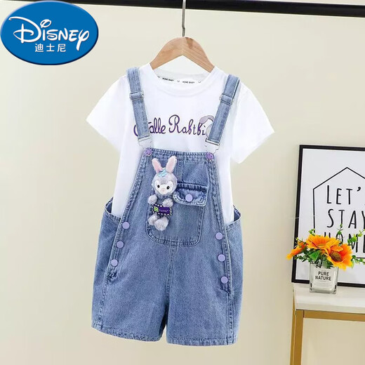迪士尼（Disney）女童背带裤套装夏季2025新款中大童薄款短袖吊带裤子儿童牛仔短裤 背带裤+T恤 120码建议身高110厘米