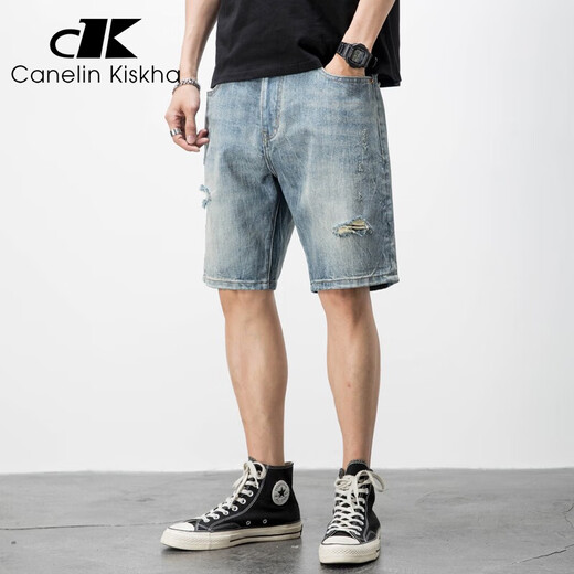 Canelin Kiskha American casual retro beggar ripped men's denim shorts men's loose trendy cropped pants summer thin mid-sized pants blue 719 size 29