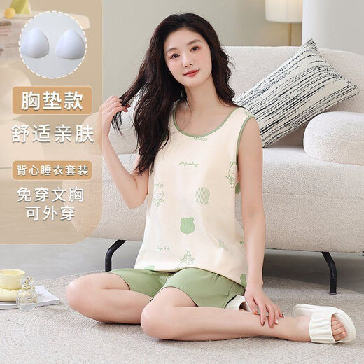 雅鹿带胸垫睡衣2025新款夏季女款背心无袖短裤舒适家居服夏套装可外穿 带胸垫背心短裤SG-9859 M 适合80-100斤