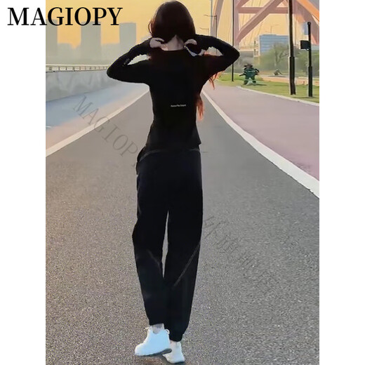 MAGIOPY国际奢侈高档品牌跑步休闲运动套装女春季修身收腰显瘦v领黑色长 黑色两件套 S(100斤以内)