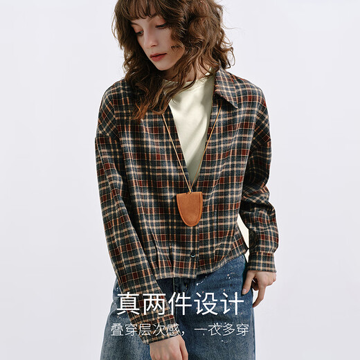 KBNE plaid shirt two-piece fashion suit for women 2025 autumn new slimming and flesh-covering long-sleeved knitted top brown plaid S