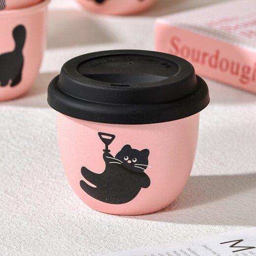 UOSO pink hand-held coffee cup casual cup for girls' best friend cute hand warmer cup small ceramic with lid reinforced porcelain can be heated in microwave lying flat cat small capacity 245ml