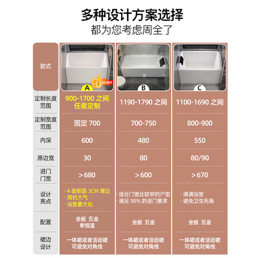 TOTO定制浴缸小户型家用深泡亚克力成人独立浴盆日式网红迷你小浴缸 B款空缸长1391-1490宽700-750高6