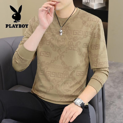 Playboy (Playboy) 2025 Herbst und Winter New Herren Langsamtes T-Shirt European Fody Herren hübsches modisches Sweatshirt Plus-Size-Basis-Shirt-T-Shirt [Frühling und Herbst] 6626 Khaki Thin Model M 90-15jin [Jin gleich 0,5 kg]
