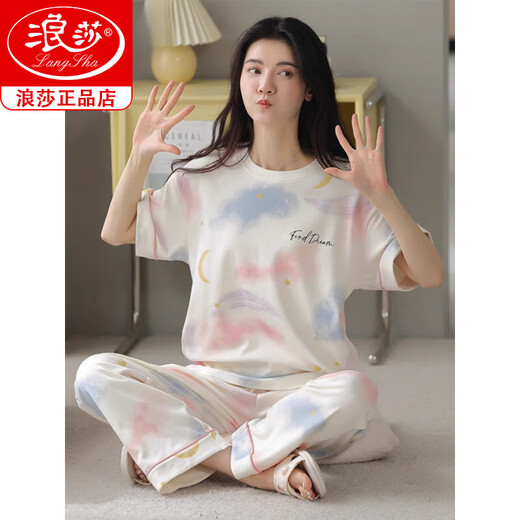 浪莎夏季纯棉睡衣女短袖长裤全棉可外穿少女甜美休闲家居服套装 Z9711 XL 【建议120-140斤穿】