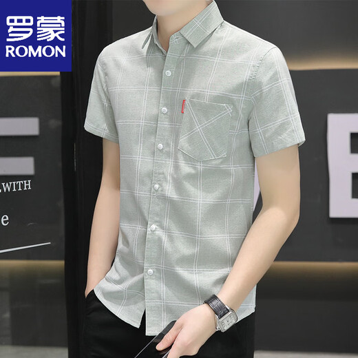 Romon 2025 Camisa de manga corta de verano Camisa de seda de hielo a cuadros para hombres Jóvenes de ropa formal