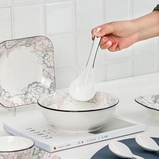 Ceramic soup bowl, large thickened Chinese tableware bowl, rice bowl, rich peony bamboo hat bowl 1 piece (without spoon)