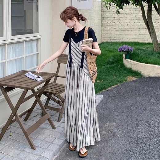 La Chapelle Korean kurzärmelige T-Shirt Streifte lässige Overalls für Frauen zweiteiliger Anzug 2025 Sommer Lose schlampige Weitbein-Hose schwarze T-Shirt-Overalls S (105jin [Jin gleich 0,5 kg])
