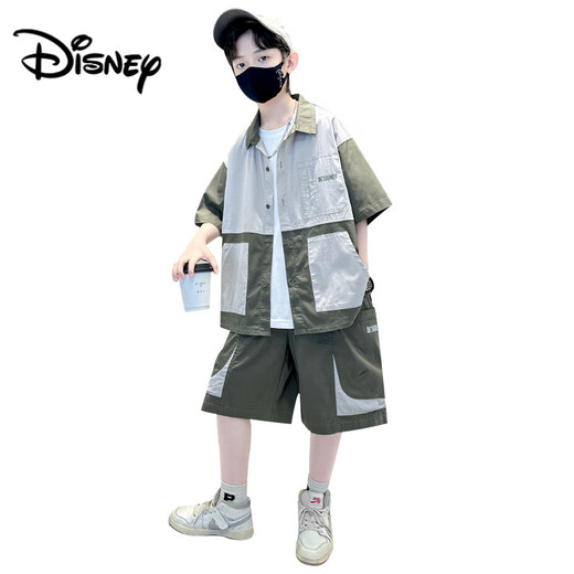 Disney (Disney) Jungen Sommeranzug 2025 Neue mittlere und große Kinder Sommerkurzärmel-Hemd lässig zweiköpfige Jungen Sommerstil Trendy 679 Green 120 cm
