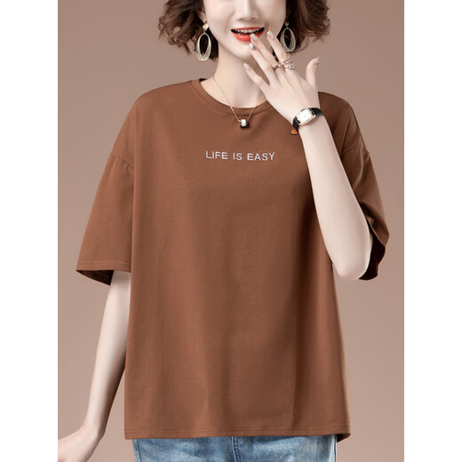 Beiyao 50-year-old women's short-sleeved T-shirt pure cotton plus fat plus size summer loose embroidered middle-aged mother casual top 9889 black L 100-115Jin [Jin equals 0.5 kg]
