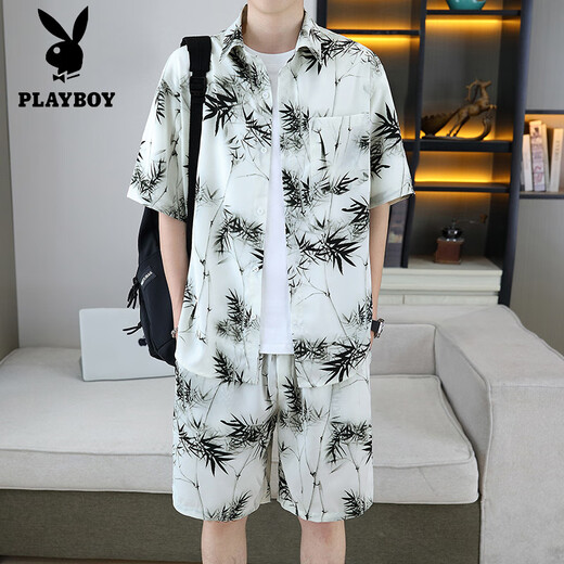 
Playboy (PLAYBOY) handsome shirt for men's summer ice silk suit design sense floral shirt short sleeve shorts beach two-piece set matching 679 white suit M 110Jin [Jin equals 0.5 kg]