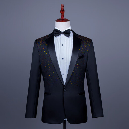 Kuosheng Men's Group Chorus Hot Loose Diamond Black and White Suit Stage Performance Singer Host Anchor Dress Performance Emcee Suit Black White Diamond-Coat + Bow Tie 3XL