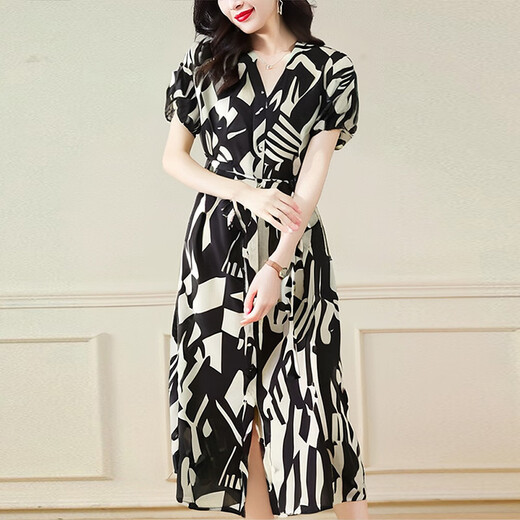 OLJ High-End-Marke Seidenkleid für Frauen im Sommer 2025 Neues französisches hüftgepacktes Retro-Temperament Mulberry Seidenrock Schwarz und Weiß M Empfohlen Gewicht 90-115 Jin [Jin entspricht 0,5 kg]