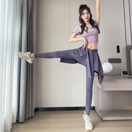 LULULOMDDW Running Sports Suit Women's Summer 2025 New Pilates Yoga Wear Gym Quick-Drying Clothes Fake Two Suit/Black + Black L (Please refer to bust and waist for size selection)