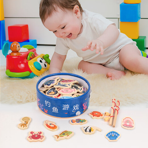 Childlike fishing toys for children, wooden baby magnetic small fish, infant puzzle 1-2 years old, two and a half years old, 3 boys and girls, exquisite flat bucket, 33 fishes + 2 fishing rods + pictures