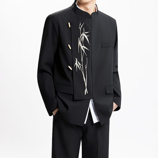 Mr. Lu's New Chinese Style Men's Dress for Engagement Irregular Suit Suit Chinese Style Stand Collar Golden Bamboo Embroidery Mao Suit Black (Suit/T01 White T/Trousers) XL