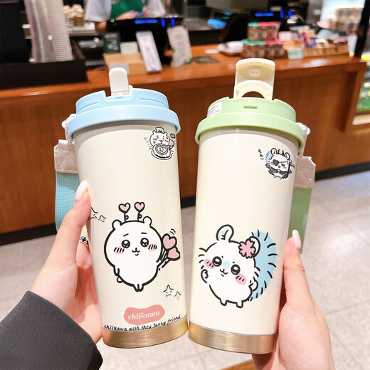 
Usaqi Water Cup Usaqi Thermal Cup Student Women's Model with Straw Large Capacity Car Water Cup Coffee Portable Double BXAB10975 Jiyikawa 520ML-with Lanyard [Pink and White]-painted Print