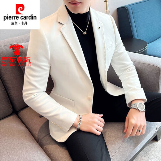 皮尔卡丹西服男不起褶抗皱免烫修身西服麂皮绒小西装英伦高级感男外套 9928黑色 M 适合115斤下