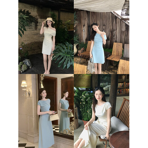 EIA Yiyao elegant art student temperament intellectual simple slanted shoulder dress women summer long and short skirt apricot long dress slightly shot L 110Jin Jin is equal to 0.5kg 120Jin Jin is equal to 0.5kg