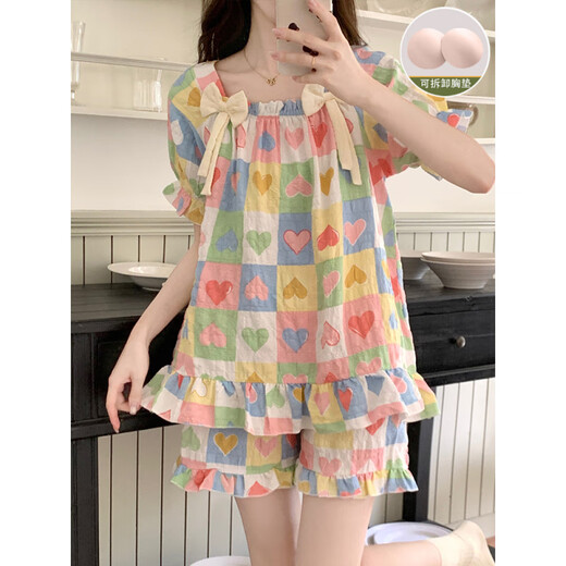 Pajama de algodón modal yunduo para mujeres en verano 2025 Nuevo estilo de princesa dulce con almohadillas en el cofre de mangas cortas shorts de ropa en el hogar 9902-4 amor [con almohadillas de cofre extraíbles] M