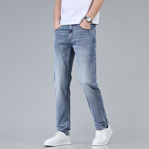 Lilang Hong Kong High-End Hellblau Han Seidenjeans Herren schlanker gerade Stretchhose 2025 Sommer Dünn 1048 Hellblaue Hosen* dünn 30