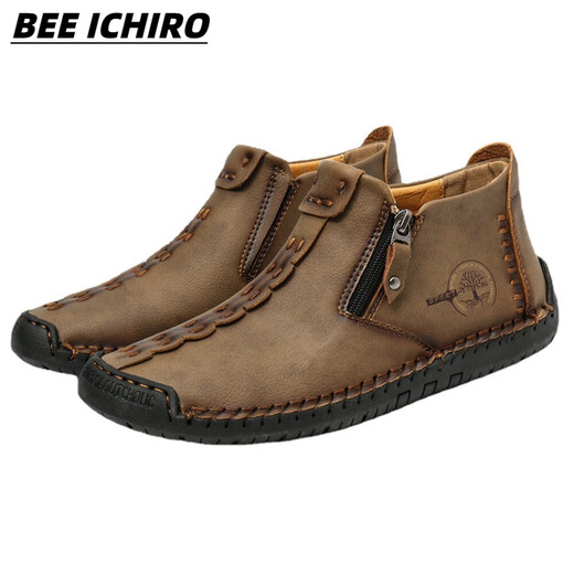 BEE ICHIRO男士休闲皮鞋秋季真皮一脚蹬懒人商务休闲软皮软底豆豆鞋板鞋男鞋 6625卡其 39