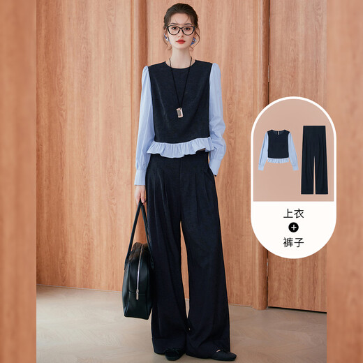 Cierro blanco que desplazan los pantalones de color de contraste Conjunto de pantalones superiores 25 otoño nuevo camisa de encaje de moda 2 piezas Set oculto azul l