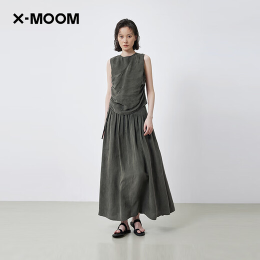 X--MOOM【商场同款】X--MOOM2025夏季新款设计感绑带A字裙中长半身裙女 墨绿 S