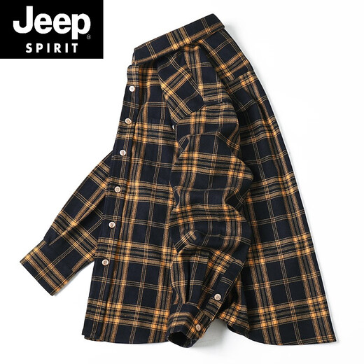 JEEP SPIRIT吉普格子衬衫男春秋季棉质休闲长袖小格衣红色磨毛外套男士 5016黄格 2XL 175/98B