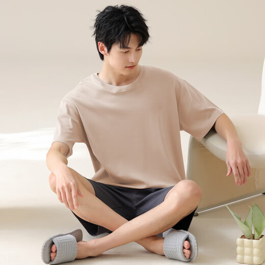 猫人睡衣男士100%纯棉短袖短睡裤夏季薄款男生全棉透气大码家居服套装 【落肩袖】奶咖02J13603 XL 【建议120-140斤】