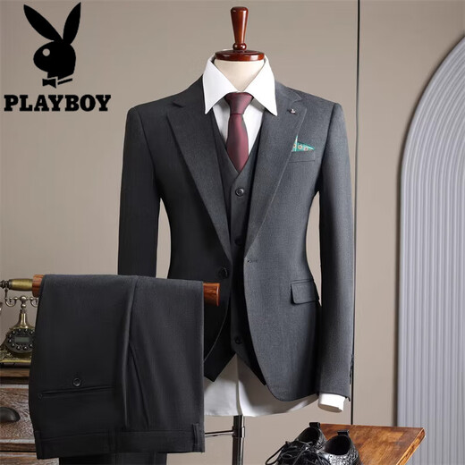 Playboy Suit Men's 2025 Winter Thick Business Professional Formal Wear British Fashion Groom Wedding Suit High-end Tea Gray Three-piece Suit L 50