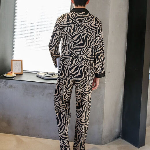 Langsha Couple Pajamas Women's Ice Silk Long Sleeves Long Pants Lapel Korean Style Lovers Couple Print Men's Home Clothes Set 159 Black and White XL Women