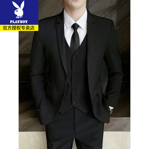 Playboy Men's Suit Suit Casual Business Professional Formal Wear Korean Style Groom Wedding Suit Jacket Slim Groomsman Dress Two-button Black Suit + Vest + Pants + Shirt Free 2XL (135~150Jin Jin is equal to 0.5kg)