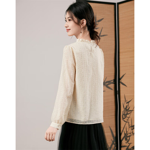 Xinfeiyu French fungus shirt for women 2025 autumn new embroidered chiffon bottoming shirt beige long-sleeved top