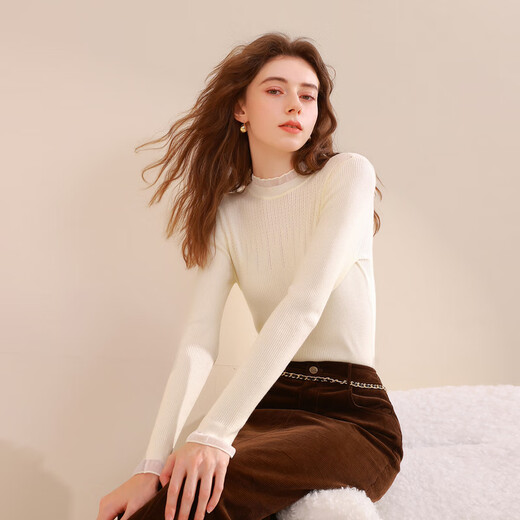 Sancai 2025 winter new solid color sweater glass yarn splicing sweater with base layer slim fit M