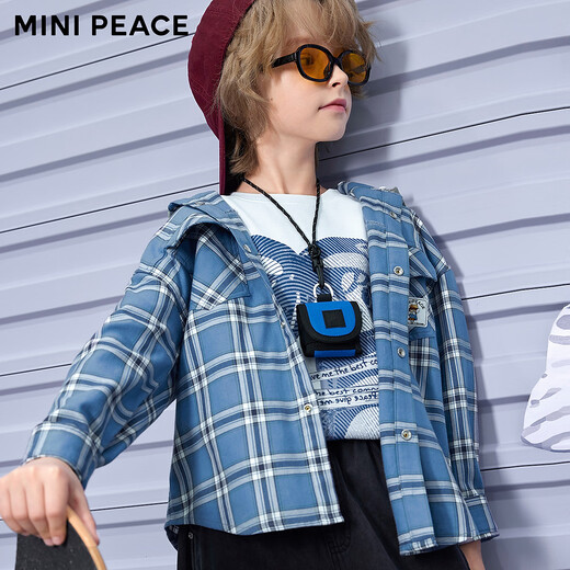 MiniPeace counter same style PEACEBIRD children's shirt spring and autumn plaid hooded long-sleeved jacket blue 120